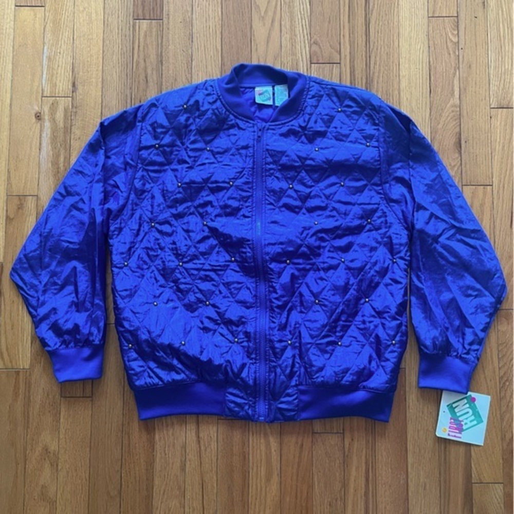 VTG NOS 90s First Run Quilted Jacket Studded Zip Indigo Track Bomber Deadstock